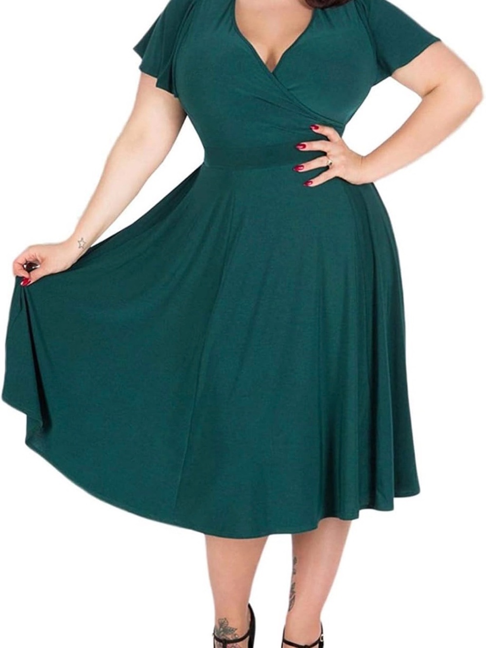 Nemidor Green V-Neck Flutter Sleeve Midi Dress w Tie Waist Pockets Stretch 18